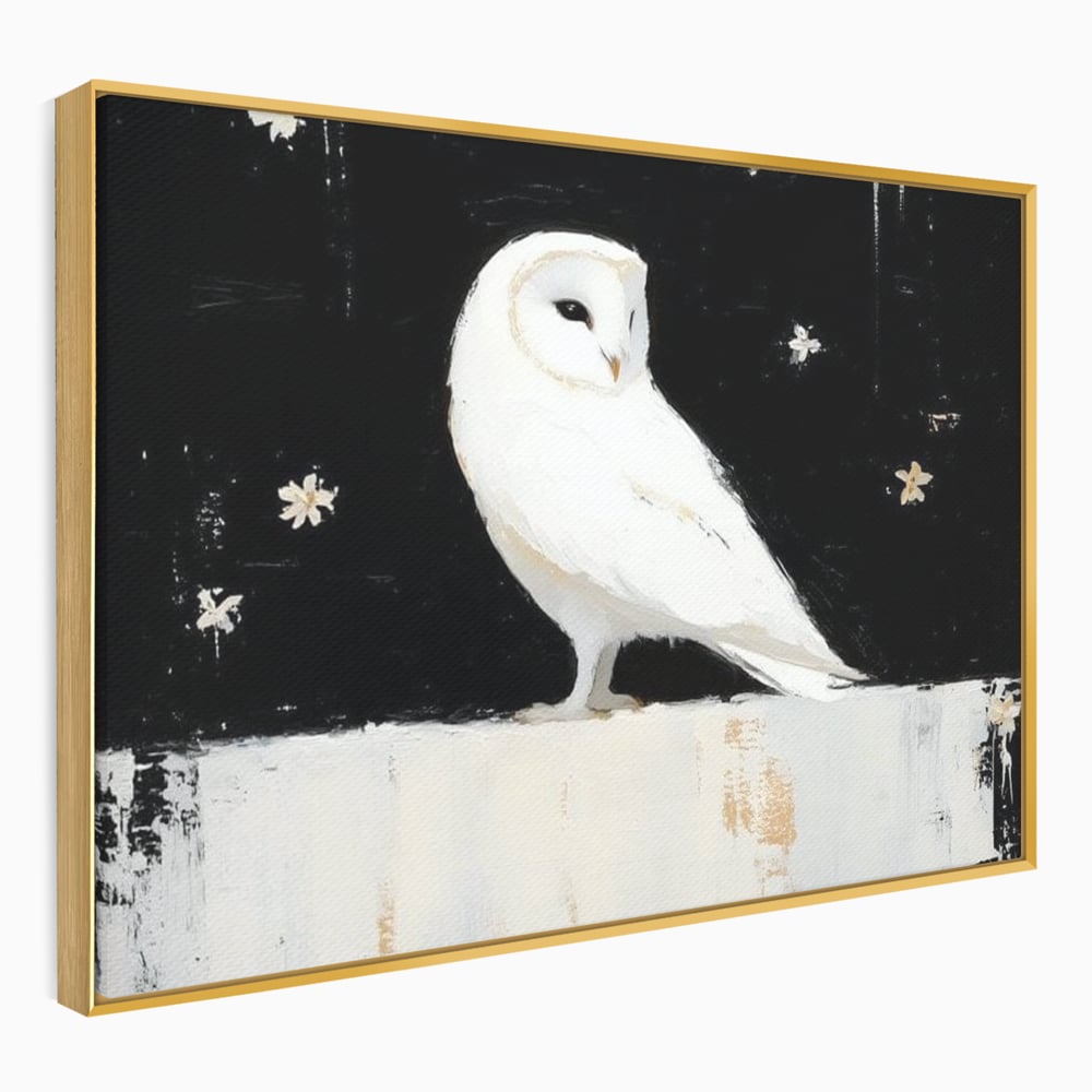 Tablou canvas cu tablou canvas cu bufnita alba, in rama de aluminiu auriu